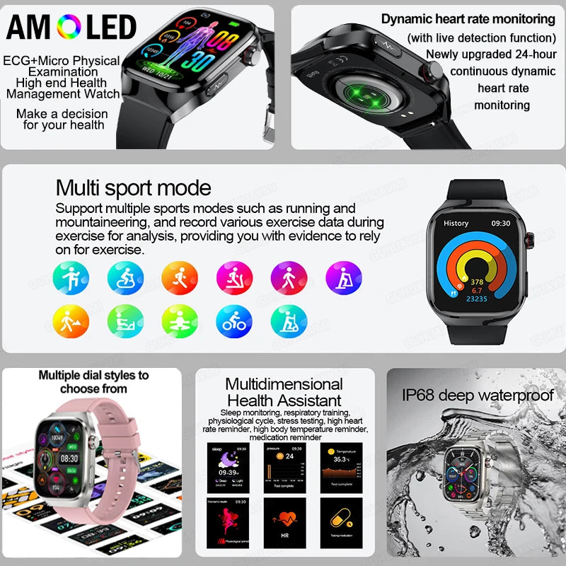 Novo Smartwatch para Homens com Monitoramento de Ácido Úrico, Gordura no Sangue, Glicose no Sangue, ECG+PPG, Pressão Arterial, Chamadas Bluetooth e Funções Esportivas - Compatível com Xiaomi