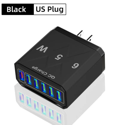 Carregador Rápido USB de 65W com 6 Portas - Adaptador de Viagem QC3.0 para iPhone 14, Samsung, Xiaomi - Plugue EU, KR, US, UK