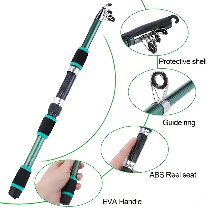 Conjunto Completo de Vara de Pesca com Vara Telescópica e Carretel de Spinning, Iscas, Ganchos, Conjunto de Vara de Pesca para Viagem
