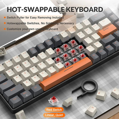 Teclado Mecânico Sem Fio 60%, Bluetooth, Modo Duplo, Hot-Swappable, Mini de 68 Teclas, Switch Vermelho, para PC, PS4, Xbox, iPhone e iPad