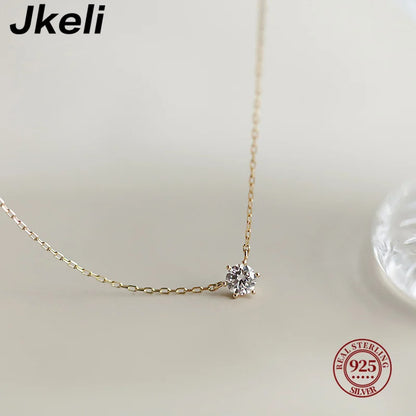 Colar Jkeli de Prata 925 com Revestimento em Ouro 18k - Corrente de Clavícula com Zircônia Brilhante para Mulheres, Joias de Casamento