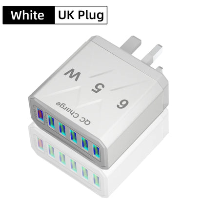 Carregador Rápido USB de 65W com 6 Portas - Adaptador de Viagem QC3.0 para iPhone 14, Samsung, Xiaomi - Plugue EU, KR, US, UK