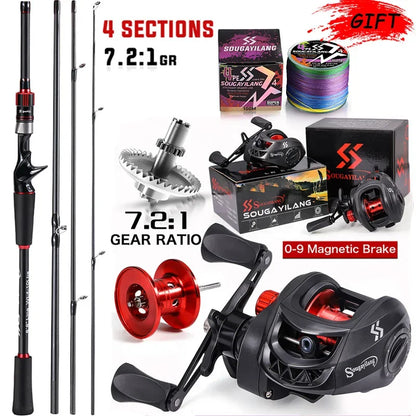 Conjunto de Vara e Carretilha de Pesca Sougayilang 1,8~2,1m Vara de Carbono para Arremesso e Carretilha de Baitcasting com Relação de Engrenagem 7,2:1 e Capacidade de Arraste Máximo de 10kg para Bass