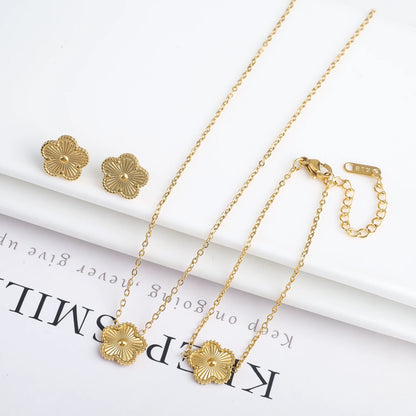 Conjunto de Joias Femininas 18k Banho de Ouro - Colar, Brincos e Pulseira com Flor de Cinco Pétalas para Festa e Uso Diário