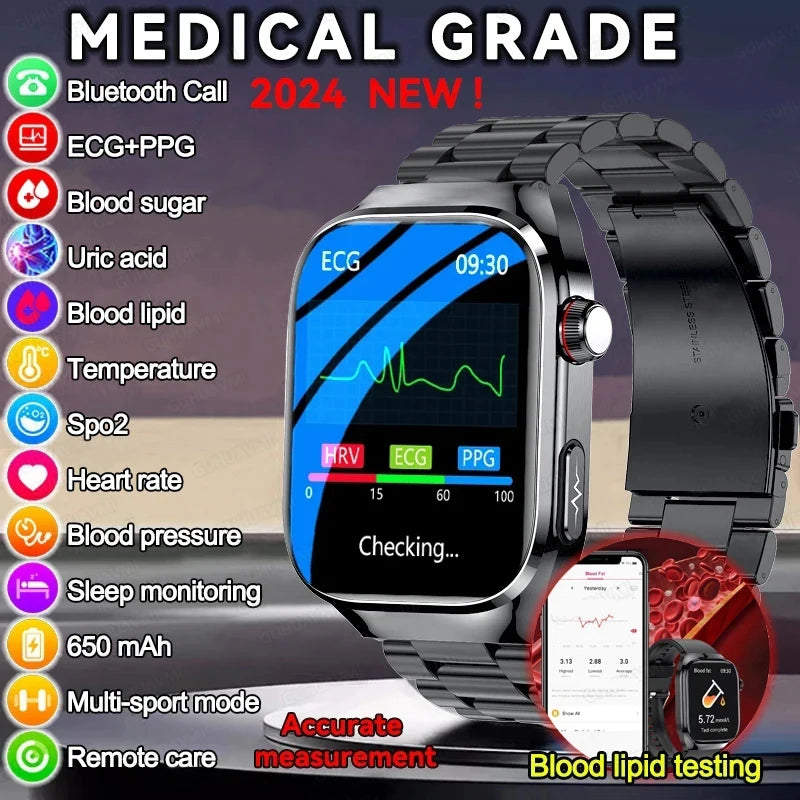 Novo Smartwatch para Homens com Monitoramento de Ácido Úrico, Gordura no Sangue, Glicose no Sangue, ECG+PPG, Pressão Arterial, Chamadas Bluetooth e Funções Esportivas - Compatível com Xiaomi