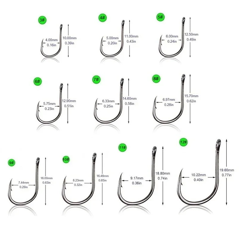 Ganchos de Aço Carbono de Alta Qualidade 100 PCS #3~#12, Ganchos Circulares Prateados para Pesca Esportiva