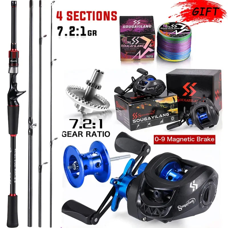 Conjunto de Vara e Carretilha de Pesca Sougayilang 1,8~2,1m Vara de Carbono para Arremesso e Carretilha de Baitcasting com Relação de Engrenagem 7,2:1 e Capacidade de Arraste Máximo de 10kg para Bass
