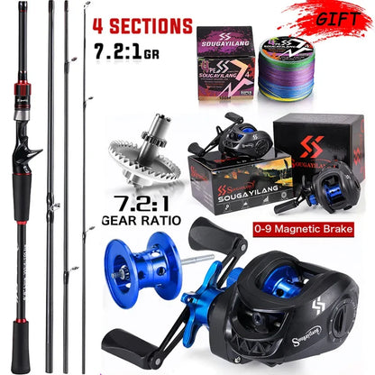 Conjunto de Vara e Carretilha de Pesca Sougayilang 1,8~2,1m Vara de Carbono para Arremesso e Carretilha de Baitcasting com Relação de Engrenagem 7,2:1 e Capacidade de Arraste Máximo de 10kg para Bass
