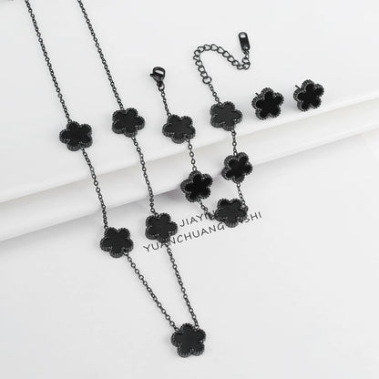 Conjunto de Joias Femininas 18k Banho de Ouro - Colar, Brincos e Pulseira com Flor de Cinco Pétalas para Festa e Uso Diário