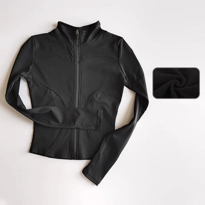 Jaqueta de Manga Longa Feminina para Esportes ao Ar Livre – Camisa Slim de Yoga com Zíper, Gola Alta, Secagem Rápida, Jaqueta de Corrida e Fitness