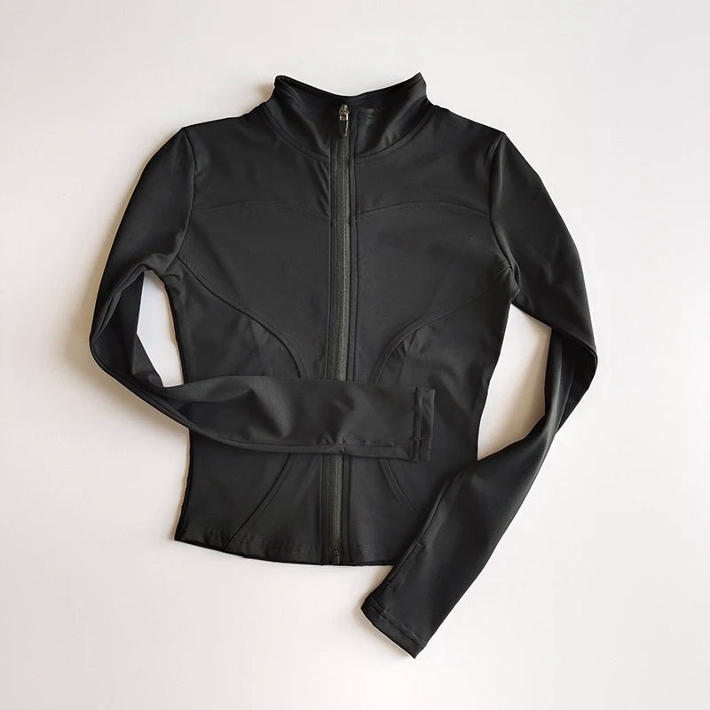 Jaqueta de Manga Longa Feminina para Esportes ao Ar Livre – Camisa Slim de Yoga com Zíper, Gola Alta, Secagem Rápida, Jaqueta de Corrida e Fitness