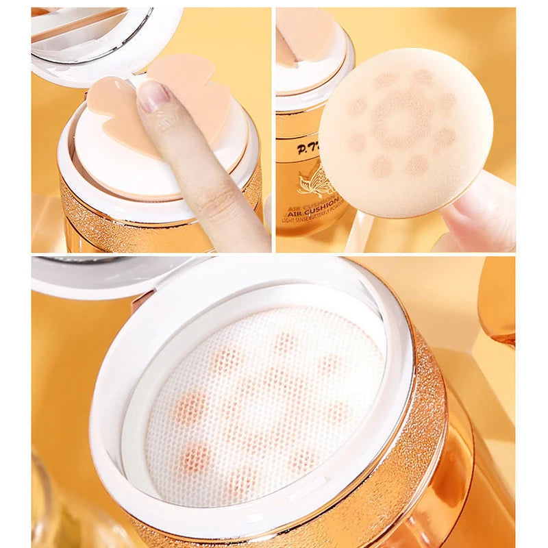 BB Cream Air Cushion com Puff de Pó em Forma de Borboleta - Hidratante, Base, Corretivo, Clareamento, Controle de Oleosidade, Maquiagem à Prova d'Água