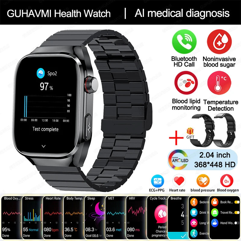 Novo Smartwatch para Homens com Monitoramento de Ácido Úrico, Gordura no Sangue, Glicose no Sangue, ECG+PPG, Pressão Arterial, Chamadas Bluetooth e Funções Esportivas - Compatível com Xiaomi