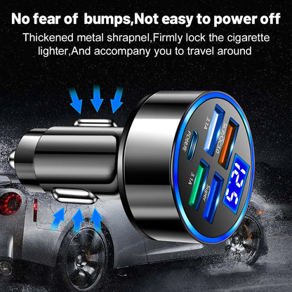 Carregador de Carro LED 250W 5 Portas com Carga Rápida PD QC3.0 e Tipo C - Carregador de Celular para iPhone, Samsung, Huawei, Xiaomi