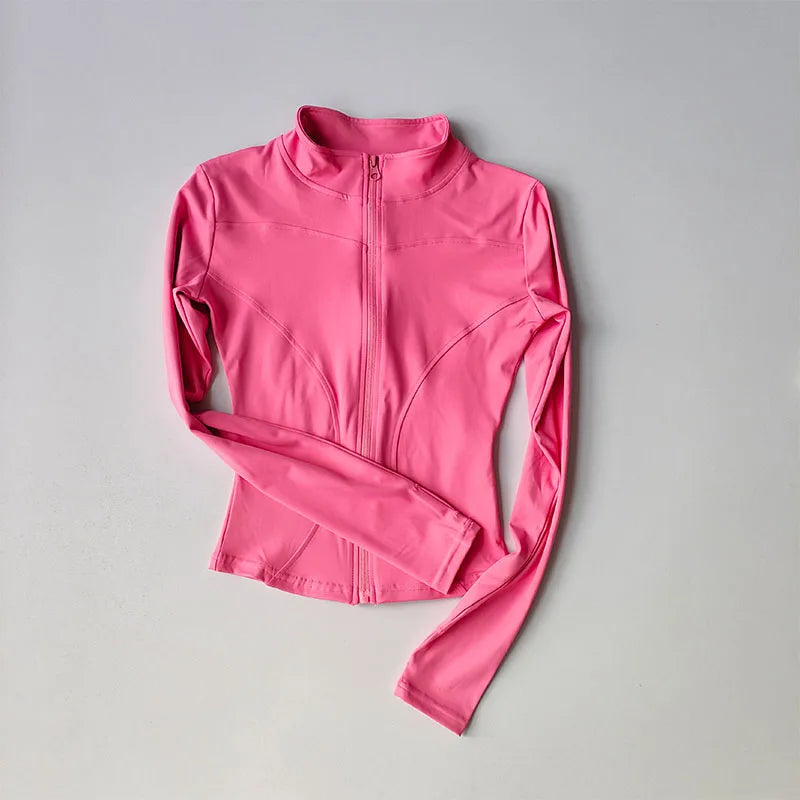 Jaqueta de Manga Longa Feminina para Esportes ao Ar Livre – Camisa Slim de Yoga com Zíper, Gola Alta, Secagem Rápida, Jaqueta de Corrida e Fitness