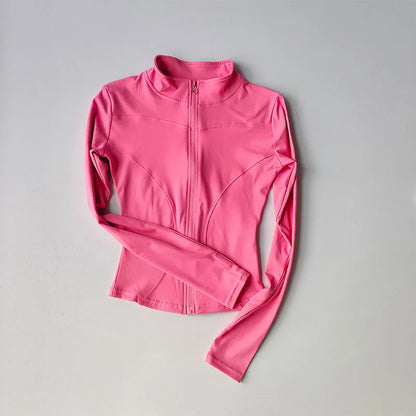 Jaqueta de Manga Longa Feminina para Esportes ao Ar Livre – Camisa Slim de Yoga com Zíper, Gola Alta, Secagem Rápida, Jaqueta de Corrida e Fitness
