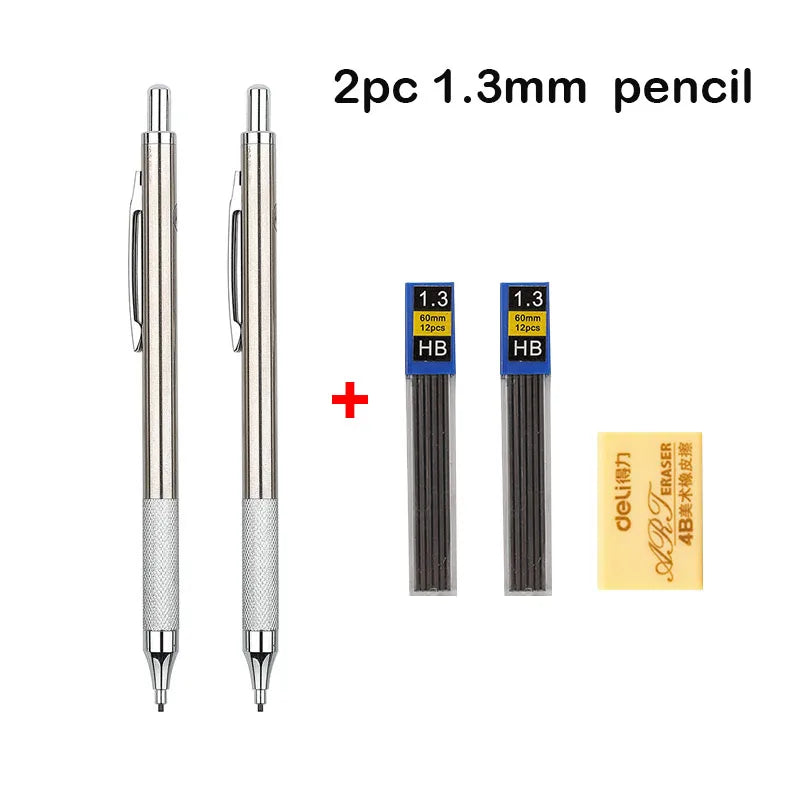 Conjunto de Lápis Mecânico 0.3, 0.5, 0.7, 0.9, 1.3, 2.0mm - Lápis Automático de Metal Completo para Desenho e Pintura com Refis para Escritório e Escola