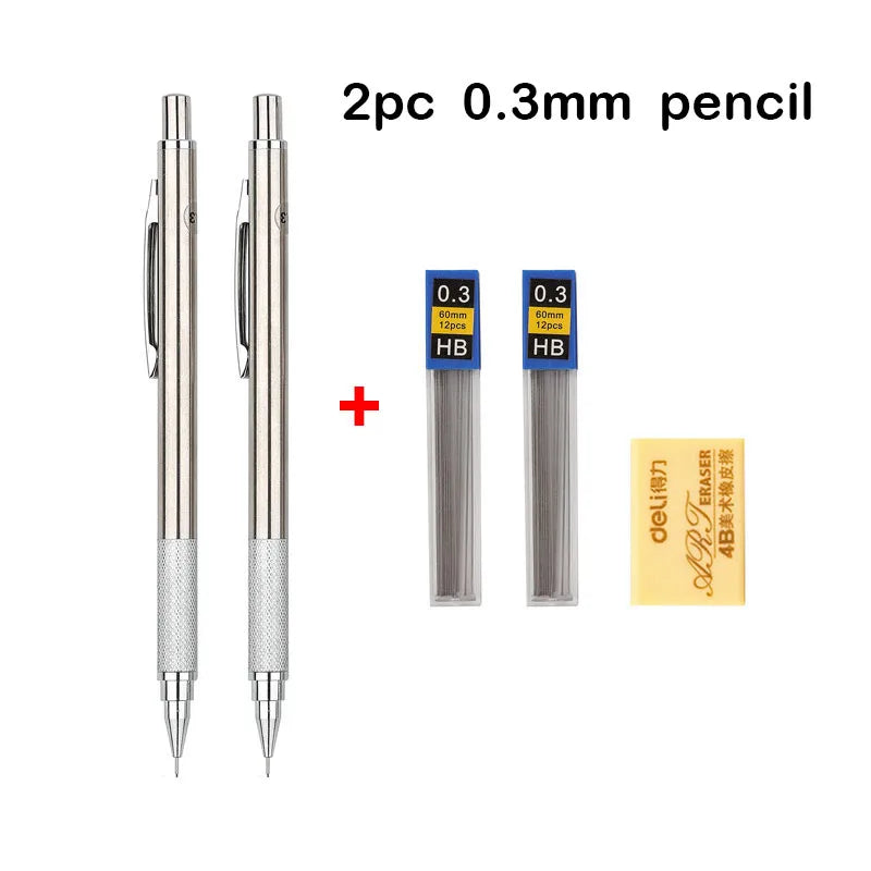Conjunto de Lápis Mecânico 0.3, 0.5, 0.7, 0.9, 1.3, 2.0mm - Lápis Automático de Metal Completo para Desenho e Pintura com Refis para Escritório e Escola