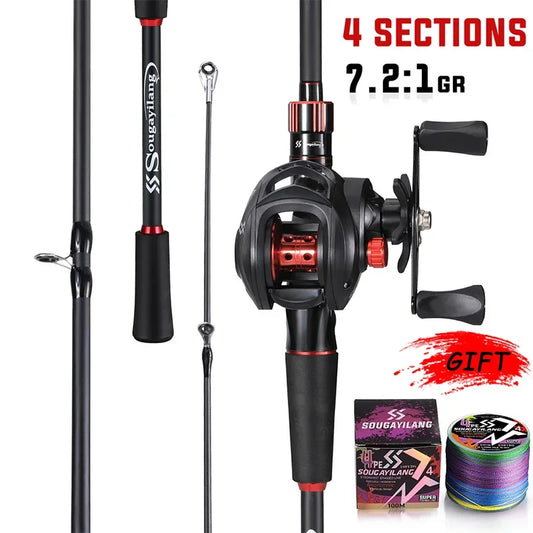 Conjunto de Vara e Carretilha de Pesca Sougayilang 1,8~2,1m Vara de Carbono para Arremesso e Carretilha de Baitcasting com Relação de Engrenagem 7,2:1 e Capacidade de Arraste Máximo de 10kg para Bass