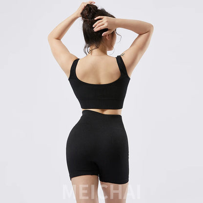 Conjunto de esporte de ioga com nervuras para mulheres sem costura Crop Top Bra Shorts Conjunto de ioga