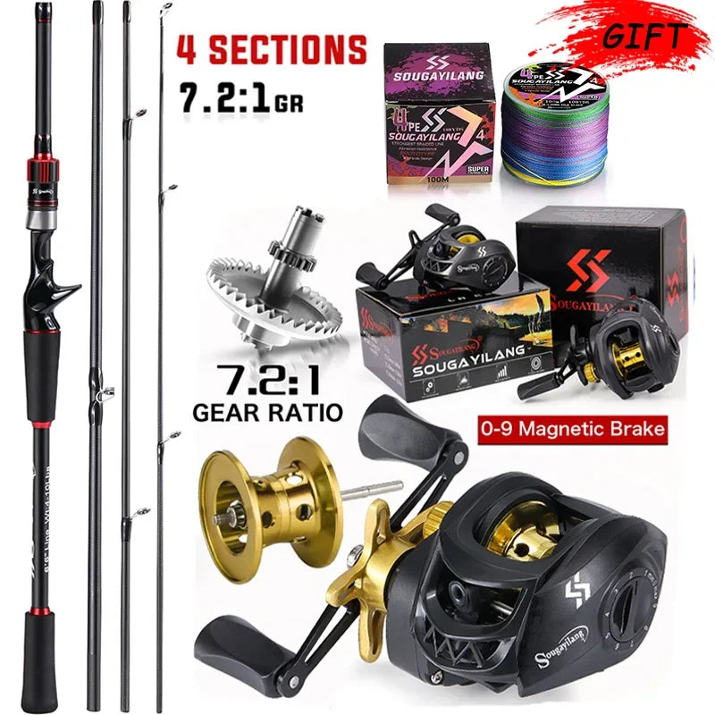 Conjunto de Vara e Carretilha de Pesca Sougayilang 1,8~2,1m Vara de Carbono para Arremesso e Carretilha de Baitcasting com Relação de Engrenagem 7,2:1 e Capacidade de Arraste Máximo de 10kg para Bass