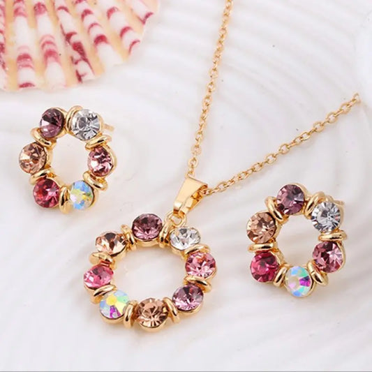 Conjunto de Colar e Brincos Ouro 3 Peças – Estilo Simples e Fashion para Mulheres, Joias Elegantes com Forma Circular de Diamante e Vidro Manchado