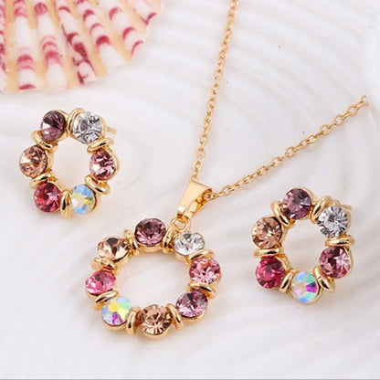 Conjunto de Colar e Brincos Ouro 3 Peças – Estilo Simples e Fashion para Mulheres, Joias Elegantes com Forma Circular de Diamante e Vidro Manchado