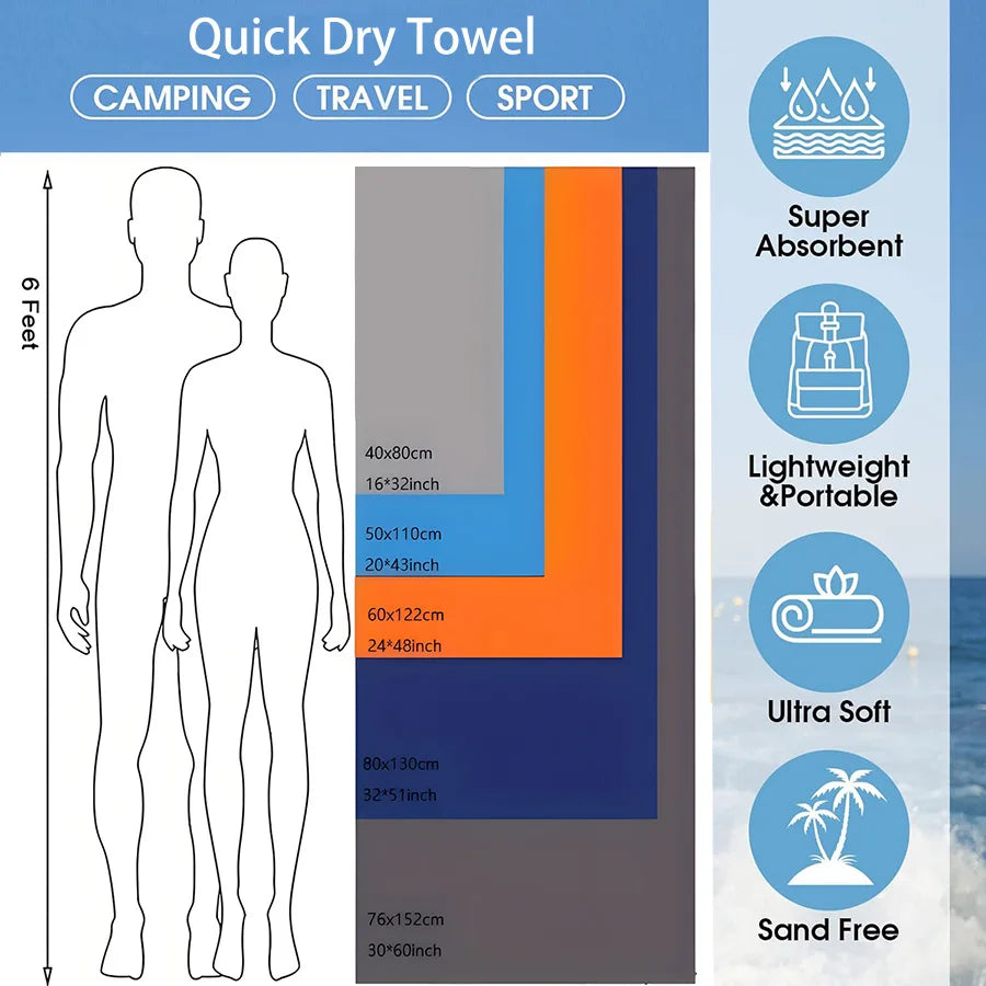 Toalha de Viagem Microfibra, Secagem Rápida, Compacta e Super Absorvente - Ideal para Praia, Academia, Piscina, Banho e Yoga