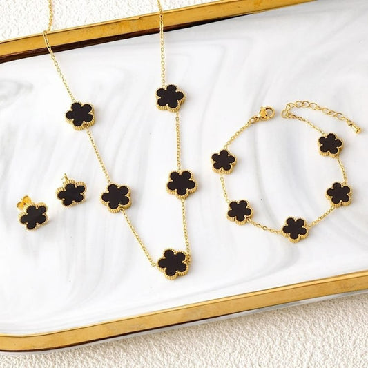 Conjunto de Joias Femininas 18k Banho de Ouro - Colar, Brincos e Pulseira com Flor de Cinco Pétalas para Festa e Uso Diário