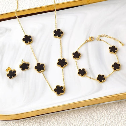 Conjunto de Joias Femininas 18k Banho de Ouro - Colar, Brincos e Pulseira com Flor de Cinco Pétalas para Festa e Uso Diário