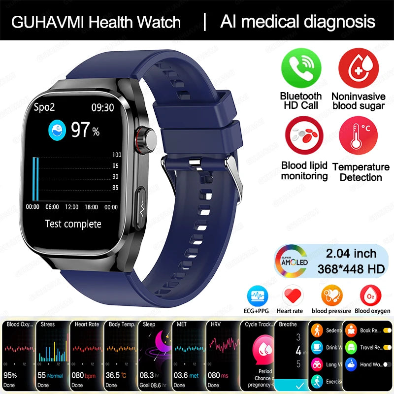 Novo Smartwatch para Homens com Monitoramento de Ácido Úrico, Gordura no Sangue, Glicose no Sangue, ECG+PPG, Pressão Arterial, Chamadas Bluetooth e Funções Esportivas - Compatível com Xiaomi