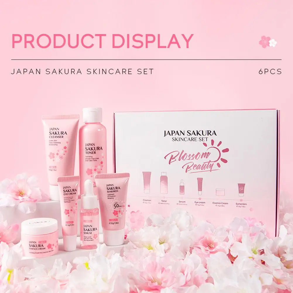 Kit de Cuidados com a Pele Sakura – 6 Peças para o Rosto (Creme Facial, Sérum, Tônico, Limpeza Facial, Protetor Solar, Creme para os Olhos