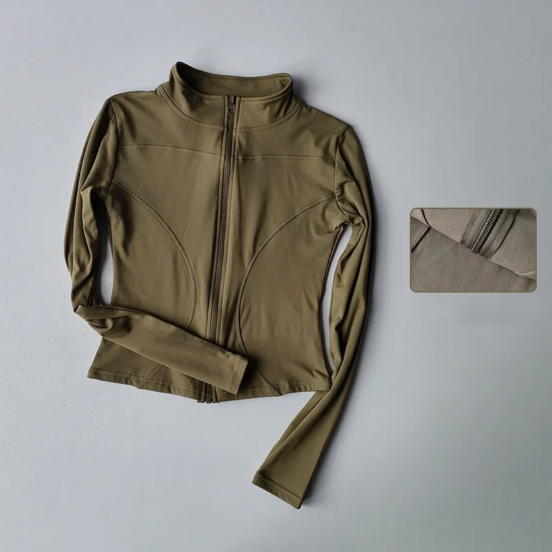 Jaqueta de Manga Longa Feminina para Esportes ao Ar Livre – Camisa Slim de Yoga com Zíper, Gola Alta, Secagem Rápida, Jaqueta de Corrida e Fitness