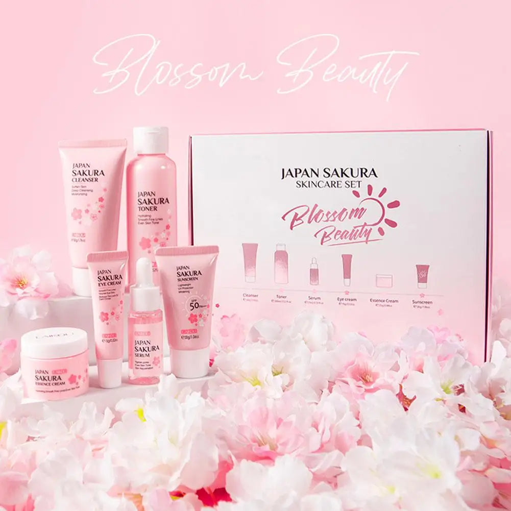 Kit de Cuidados com a Pele Sakura – 6 Peças para o Rosto (Creme Facial, Sérum, Tônico, Limpeza Facial, Protetor Solar, Creme para os Olhos