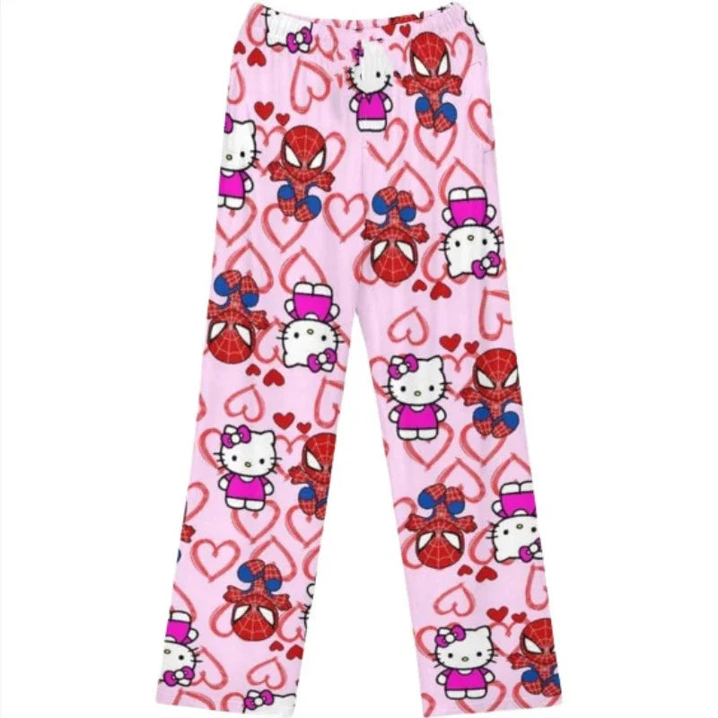 Calças de Pijama Hello Kitty Spider-Man - Algodão, Soltas, Femininas e Masculinas