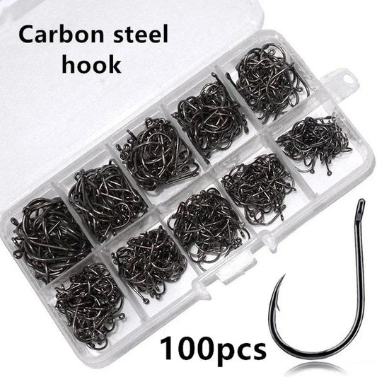 Ganchos de Aço Carbono de Alta Qualidade 100 PCS #3~#12, Ganchos Circulares Prateados para Pesca Esportiva