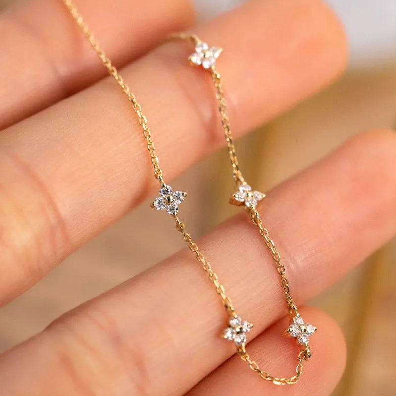 Pulseira de Prata 925 Banho de Ouro 18k com Zircônia Brilhante em Forma de Flor para Mulheres - Joias Exquisitas de Estilo Coreano