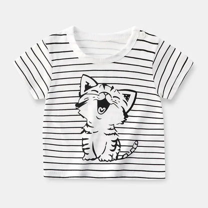 Camiseta Infantil para Meninos e Meninas - Roupas de Verão com Estampa de Desenho Animado, Manga Curta, 100% Algodão