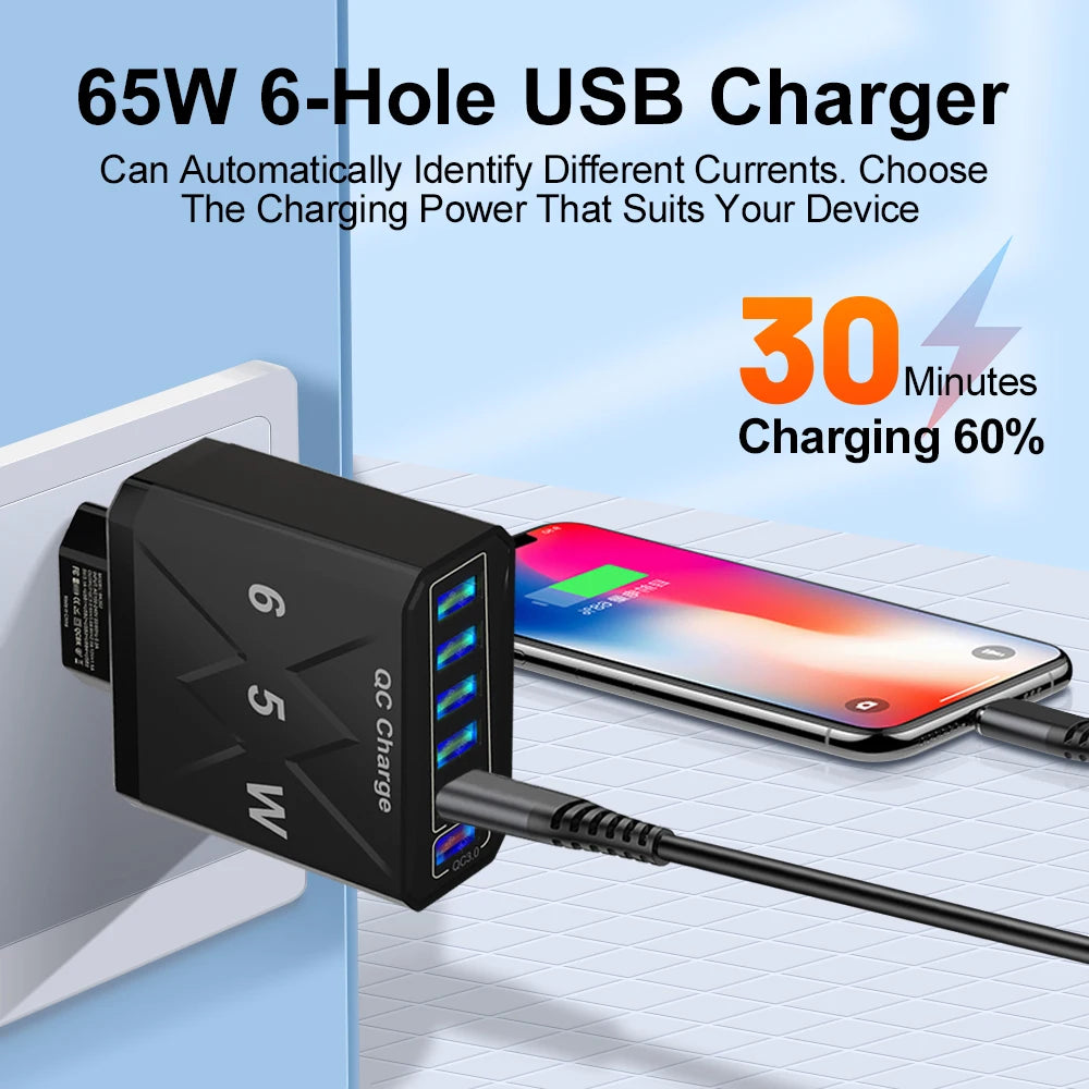 Carregador Rápido USB de 65W com 6 Portas - Adaptador de Viagem QC3.0 para iPhone 14, Samsung, Xiaomi - Plugue EU, KR, US, UK