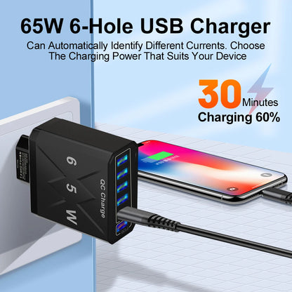 Carregador Rápido USB de 65W com 6 Portas - Adaptador de Viagem QC3.0 para iPhone 14, Samsung, Xiaomi - Plugue EU, KR, US, UK