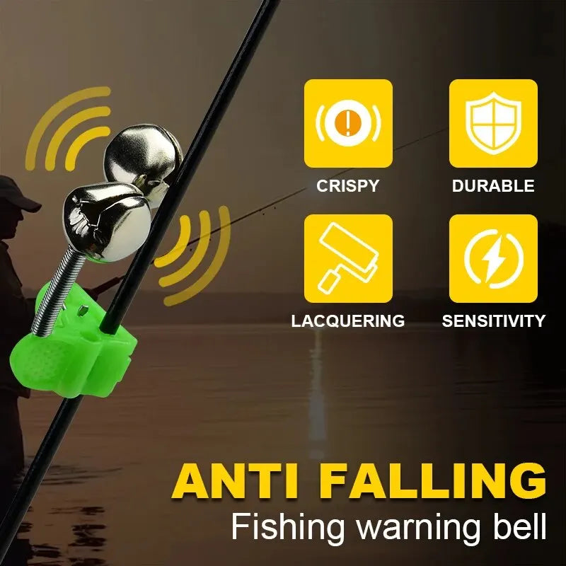 Conjunto de 5 Peças de Alarme de Mordida para Pesca – Sino para Vara de Pesca, Clipes de Ponta, Anel Verde de ABS, Acessório de Pesca ao Ar Livre com Detalhes Metálicos