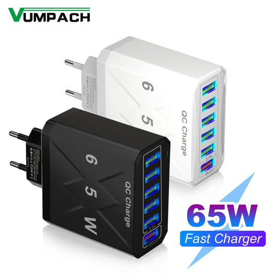 Carregador Rápido USB de 65W com 6 Portas - Adaptador de Viagem QC3.0 para iPhone 14, Samsung, Xiaomi - Plugue EU, KR, US, UK