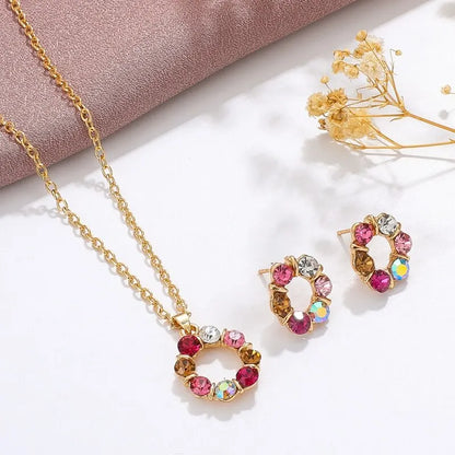 Conjunto de Colar e Brincos Ouro 3 Peças – Estilo Simples e Fashion para Mulheres, Joias Elegantes com Forma Circular de Diamante e Vidro Manchado