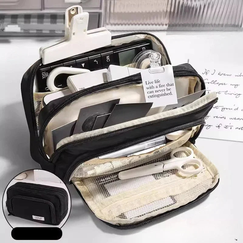 Estojo de Lápis Preto Grande Capacidade à Prova de Sujeira, Estojo Estético para Escola, Organizador de Material Escolar, Estojo de Caneta para Meninos e Meninas, Suprimentos Escolares