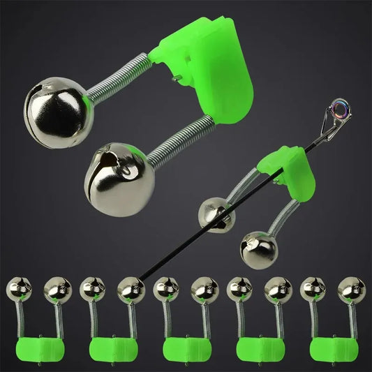 Conjunto de 5 Peças de Alarme de Mordida para Pesca – Sino para Vara de Pesca, Clipes de Ponta, Anel Verde de ABS, Acessório de Pesca ao Ar Livre com Detalhes Metálicos