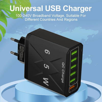 Carregador Rápido USB de 65W com 6 Portas - Adaptador de Viagem QC3.0 para iPhone 14, Samsung, Xiaomi - Plugue EU, KR, US, UK