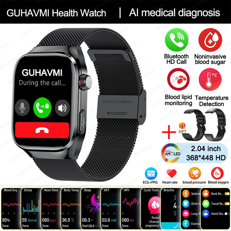 Novo Smartwatch para Homens com Monitoramento de Ácido Úrico, Gordura no Sangue, Glicose no Sangue, ECG+PPG, Pressão Arterial, Chamadas Bluetooth e Funções Esportivas - Compatível com Xiaomi