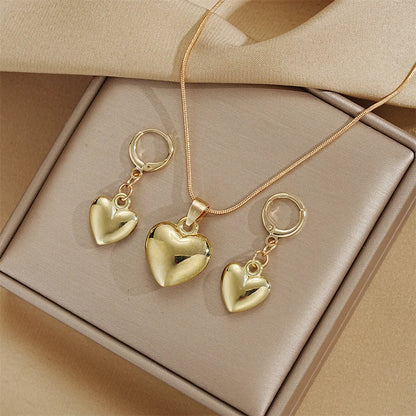 Conjunto de Joias para Mulheres - Brinco e Colar com Coração Dangle, Banho de Ouro Fosco, Simples e Elegante, para Uso Diário