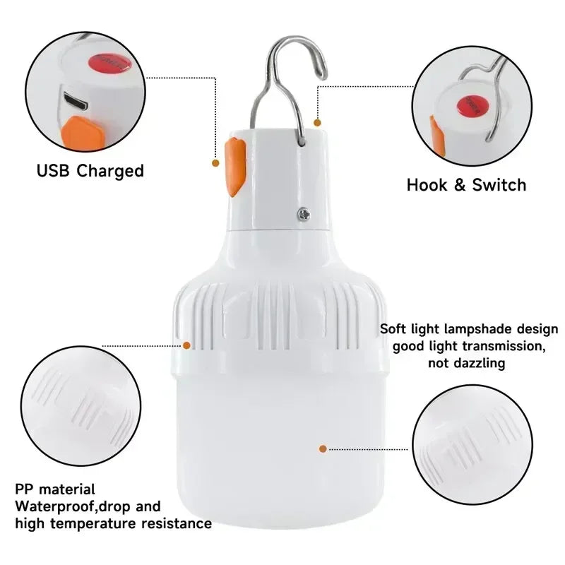 Luz de Emergência 60W – Lanternas LED USB Recarregáveis para Camping, Hiking, Esportes e Entretenimento ao Ar Livre