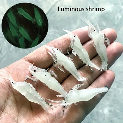 Conjunto de 5/10/20 Iscas de Camarão Goture – Iscas Macias para Pesca de Camarão para Água Doce e Salgada, Isca Luminescente com Gancho Afiado e Pérola